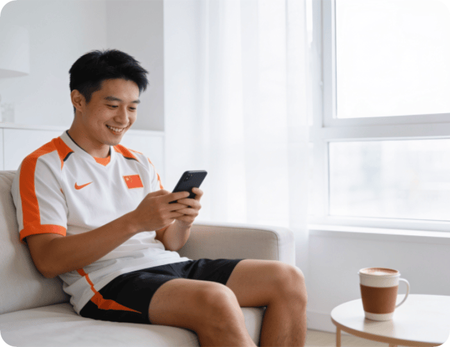 体育迷在沙发上用手机浏览野星体育资讯